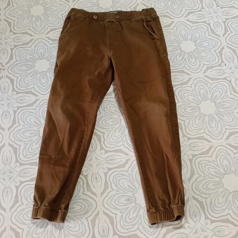 Mens Pants Brown green shade sz 30 Sm med stretch waist cuff Athletic lounge b62